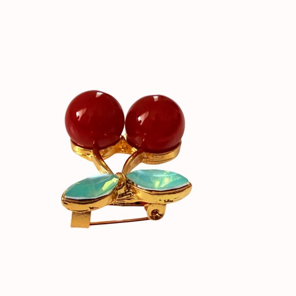 Red Enamel Cherry Brooch Pin Green Acrylic Gem Gold Tone Metal - Picture 6 of 14